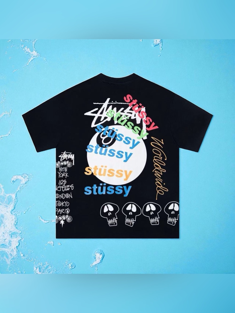 🎈Stussy Black Tee with Multicolor Logo Stacked Print - Picture 1 of 6